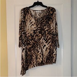 Susan Graver 1X Liquid Knit Animal Print Asymmetrical Tunic Top Brown Tan